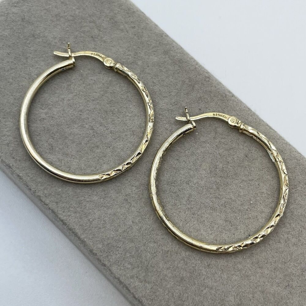925 Sterling Silver Gold Tone Hoop Earrings Classic Boho Timeless Embossed